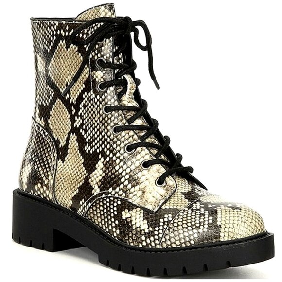 Snake Print Lug Sole Combat Boots  Whimsigoth Block Heel Ankle Boot Sz 7 - Picture 1 of 7